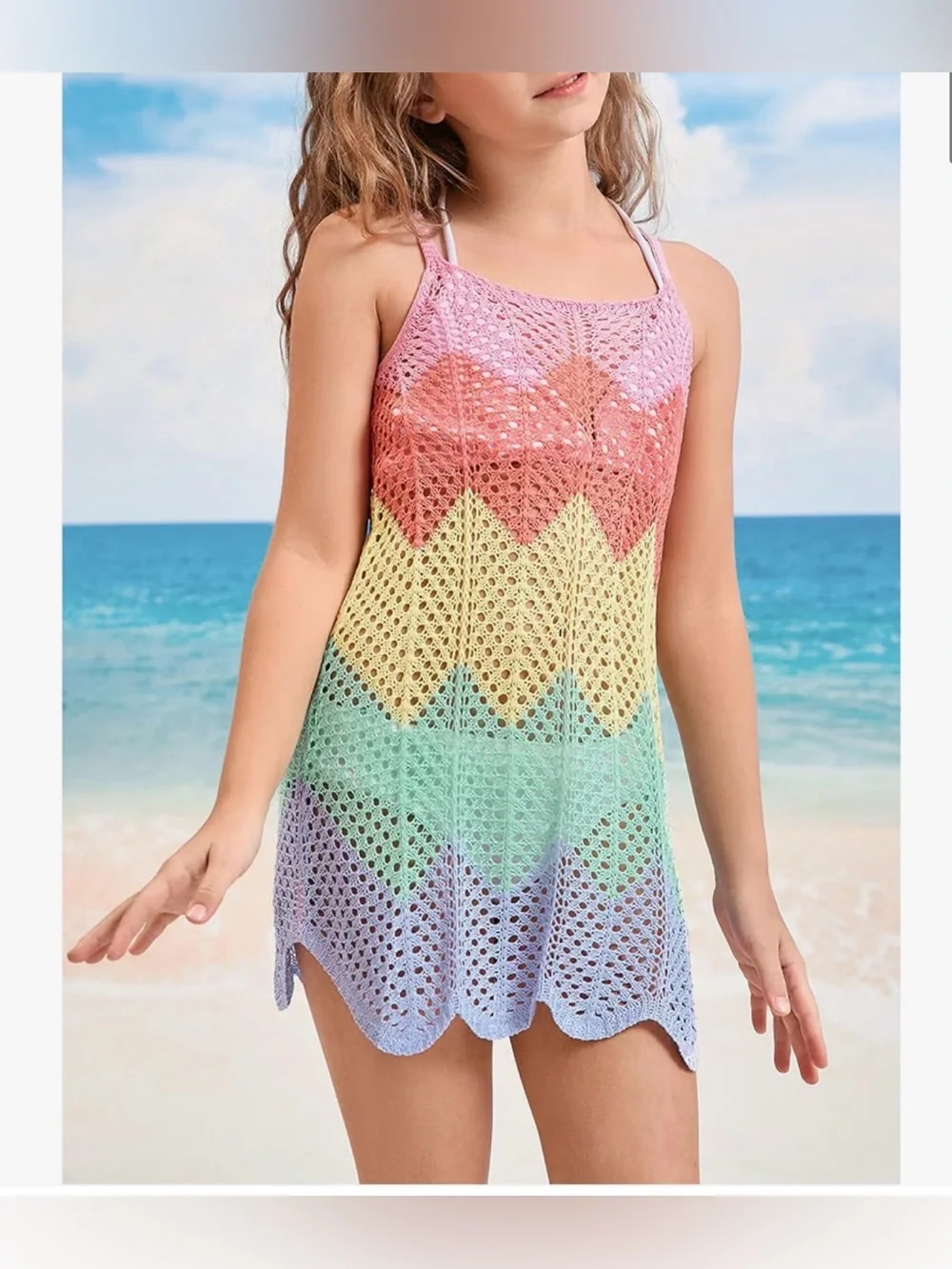 Girls' Rainbow Crochet Swim Cover-Up Dress - Pink, Yellow, Green, Blue